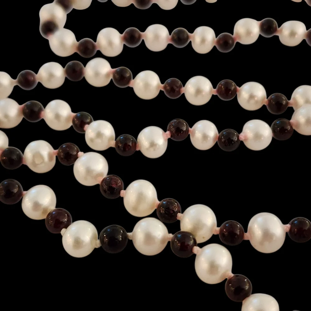 Necklace and bracelet genuine pearls 925 sterling silver garnet hand knotted